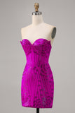 Sparkly Strapless Fuchsia Bodycon Beaded Short Cocktail Dress