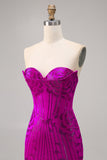 Sparkly Strapless Fuchsia Bodycon Beaded Short Cocktail Dress