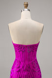 Sparkly Strapless Fuchsia Bodycon Beaded Short Cocktail Dress