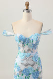 White Blue Flower Bodycon Off the Shoulder Sequins Short Homecoming Dress