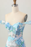 White Blue Flower Bodycon Off the Shoulder Sequins Short Homecoming Dress