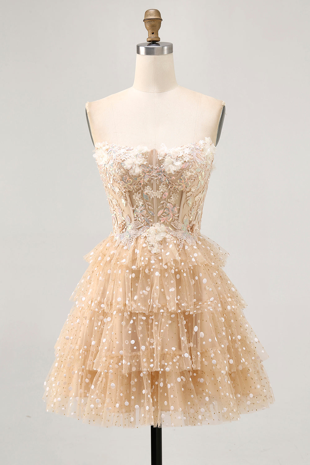 Champagne A Line Strapless Tiered Appliqued Homecoming Dress