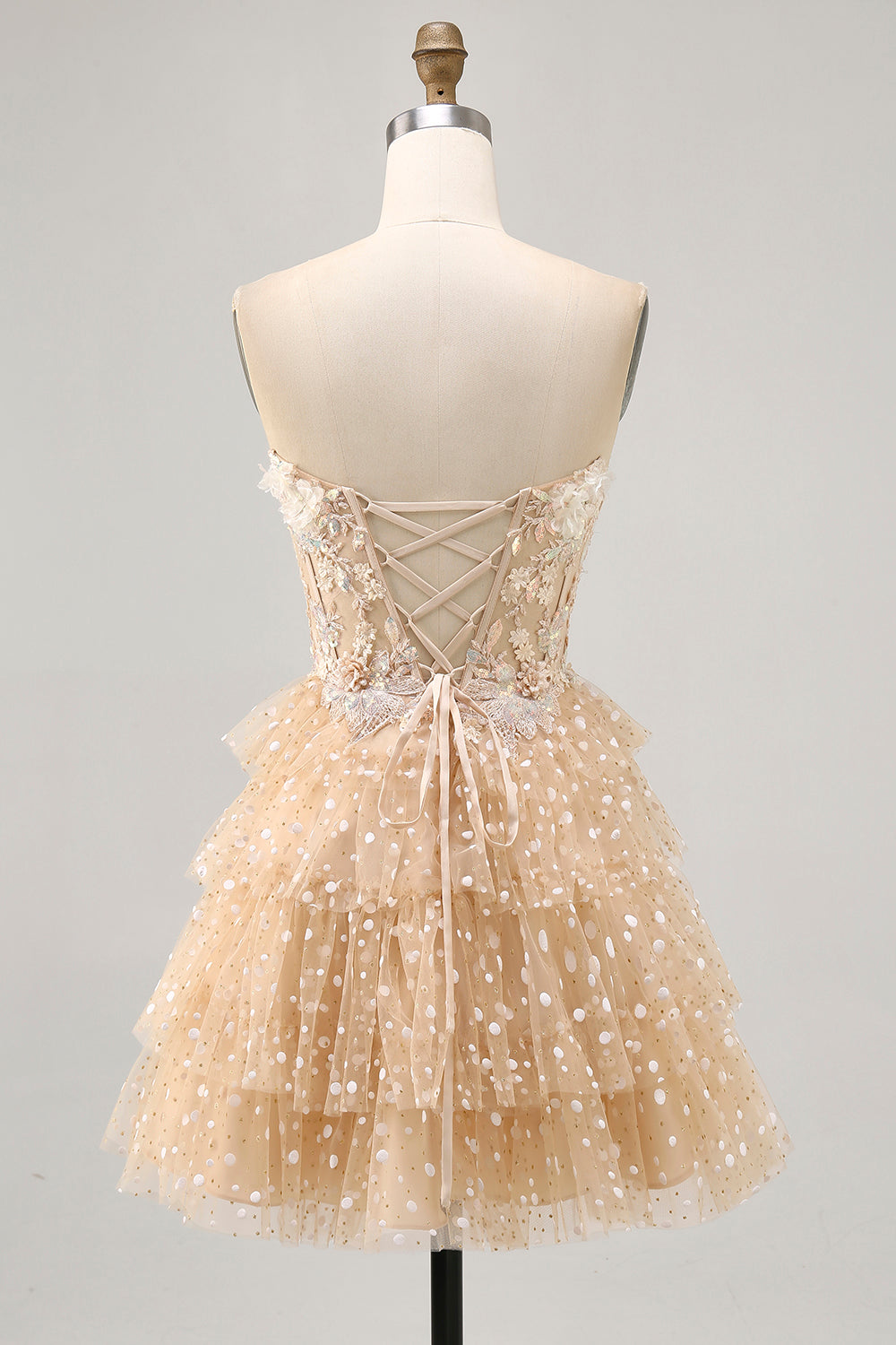 Champagne A Line Strapless Tiered Appliqued Homecoming Dress