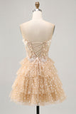 Champagne A Line Strapless Tiered Appliqued Homecoming Dress
