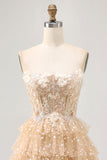 Champagne A Line Strapless Tiered Appliqued Homecoming Dress