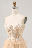 Champagne A Line Strapless Tiered Appliqued Homecoming Dress
