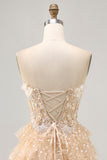 Champagne A Line Strapless Tiered Appliqued Homecoming Dress