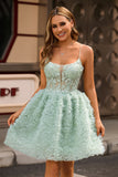 Sage Green A-Line Spaghetti Straps Corset Homecoming Dress with Appliques