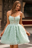 Sage Green A-Line Spaghetti Straps Corset Homecoming Dress with Appliques