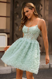 Sage Green A-Line Spaghetti Straps Corset Homecoming Dress with Appliques