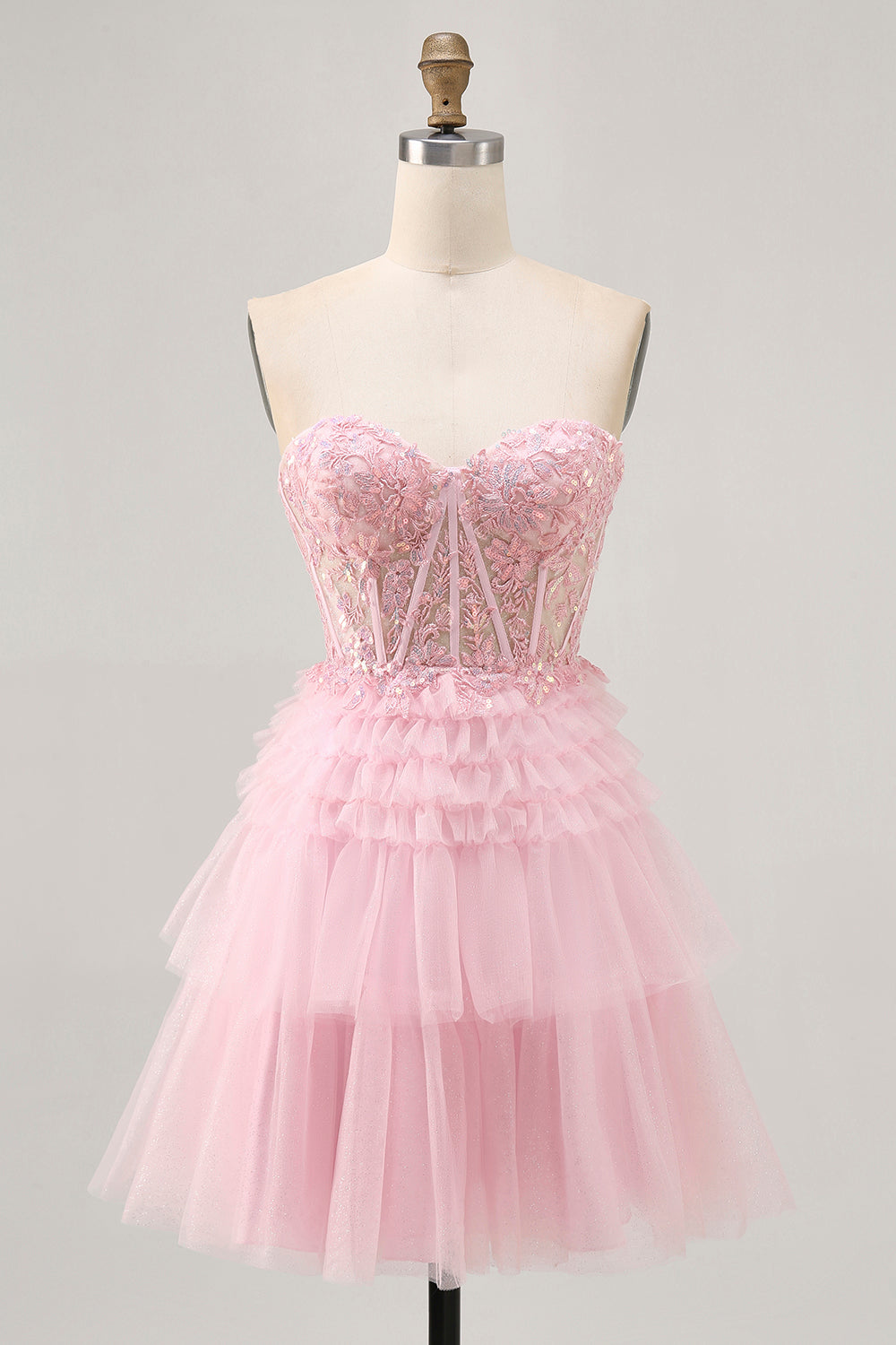 Strapless Pink A Line Corset Homecoming Dress with Appliques