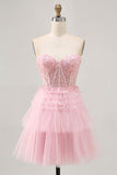 Strapless Pink A Line Corset Homecoming Dress with Appliques
