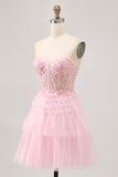 Strapless Pink A Line Corset Homecoming Dress with Appliques