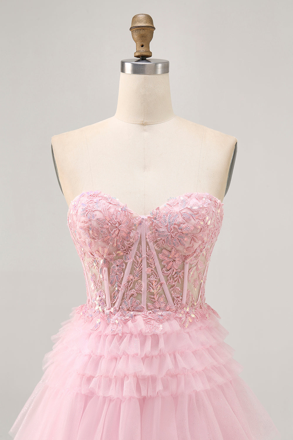 Strapless Pink A Line Corset Homecoming Dress with Appliques