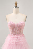 Strapless Pink A Line Corset Homecoming Dress with Appliques