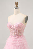Strapless Pink A Line Corset Homecoming Dress with Appliques