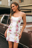 Sequins Floral Strapless Bodycon White Homecoming Dress