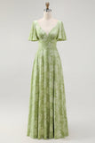 Sage Green Floral A Line Long Bridesmaid Dress with Sleeves