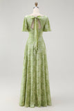 Sage Green Floral A Line Long Bridesmaid Dress with Sleeves