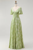 Sage Green Floral A Line Long Bridesmaid Dress with Sleeves