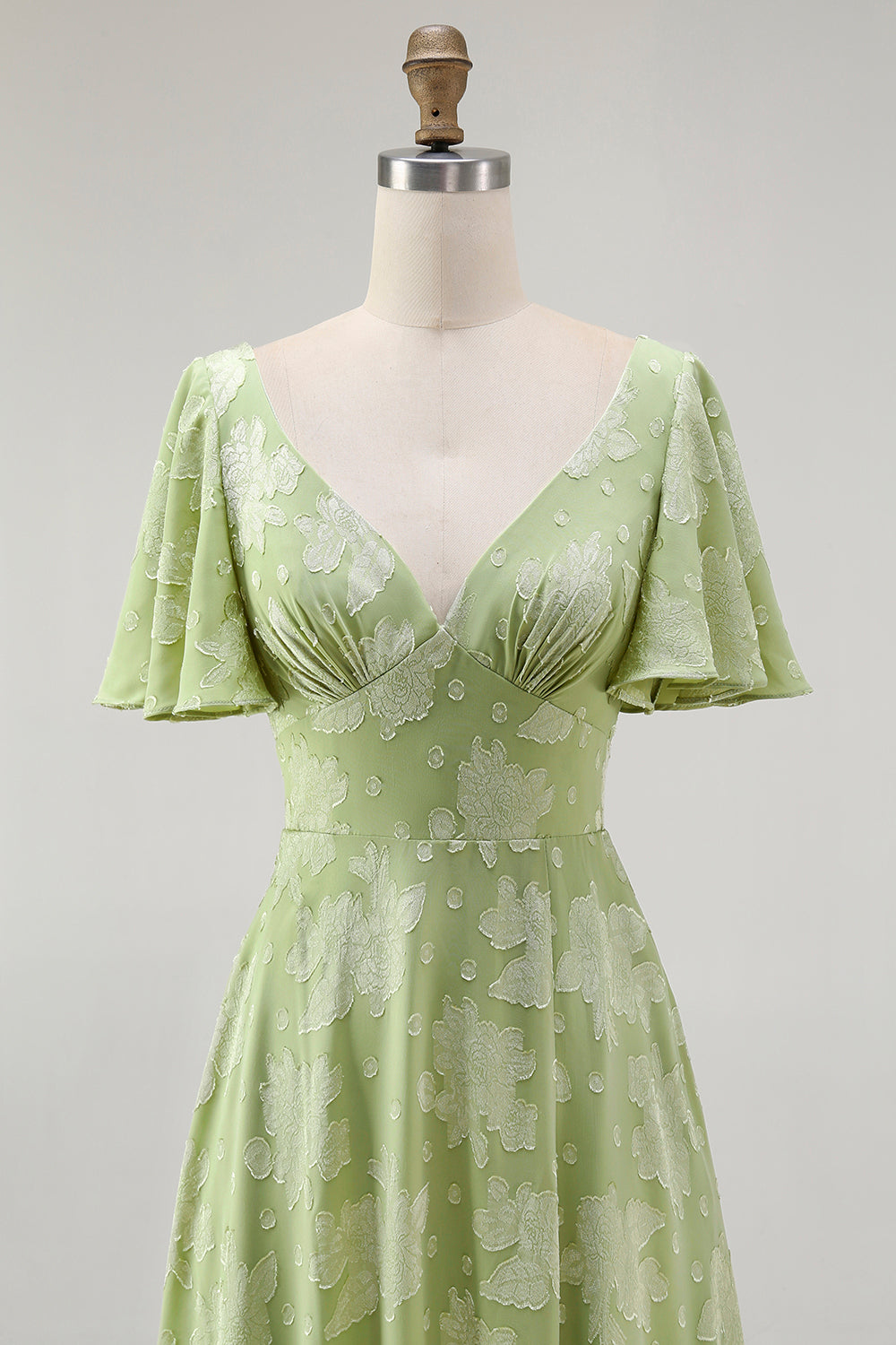 Sage Green Floral A Line Long Bridesmaid Dress with Sleeves