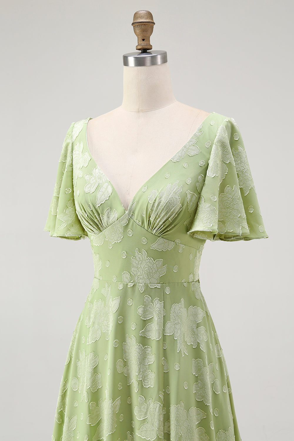 Sage Green Floral A Line Long Bridesmaid Dress with Sleeves