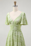 Sage Green Floral A Line Long Bridesmaid Dress with Sleeves