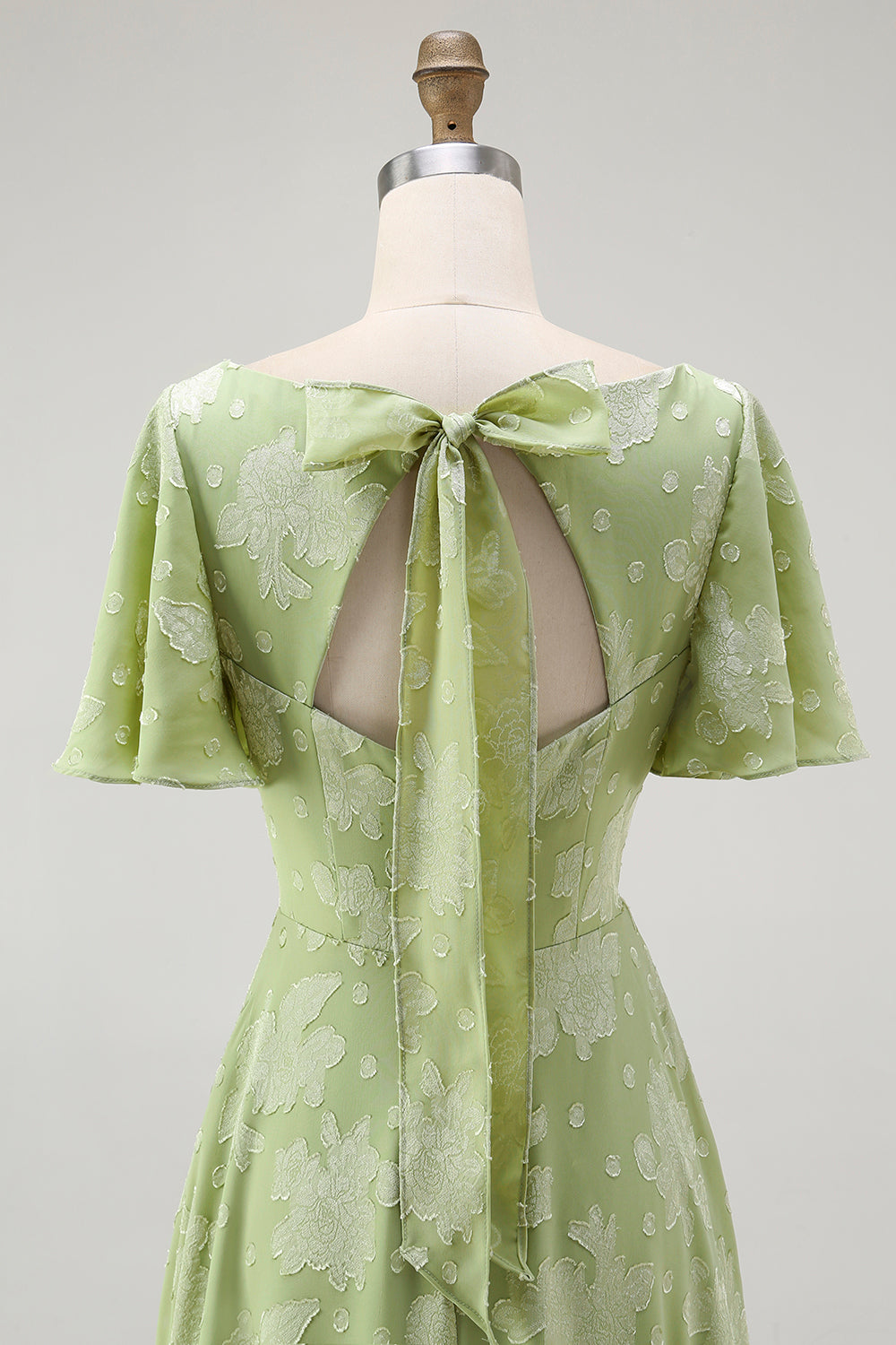 Sage Green Floral A Line Long Bridesmaid Dress with Sleeves