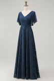 Navy Floral A Line V Neck Long Bridesmaid Dress with Flutter Sleeves