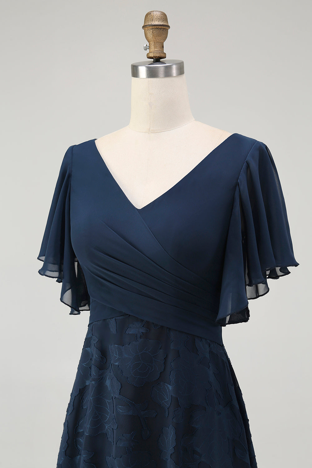 Navy Floral A Line V Neck Long Bridesmaid Dress with Flutter Sleeves