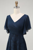 Navy Floral A Line V Neck Long Bridesmaid Dress with Flutter Sleeves