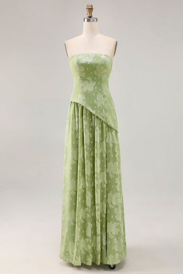 Sage Green Floral Strapless A Line Long Bridesmaid Dress with Slit