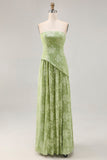 Sage Green Floral Strapless A Line Long Bridesmaid Dress with Slit