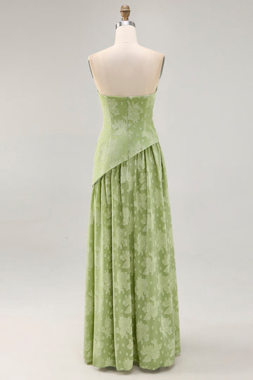 Sage Green Floral Strapless A Line Long Bridesmaid Dress with Slit