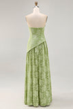 Sage Green Floral Strapless A Line Long Bridesmaid Dress with Slit
