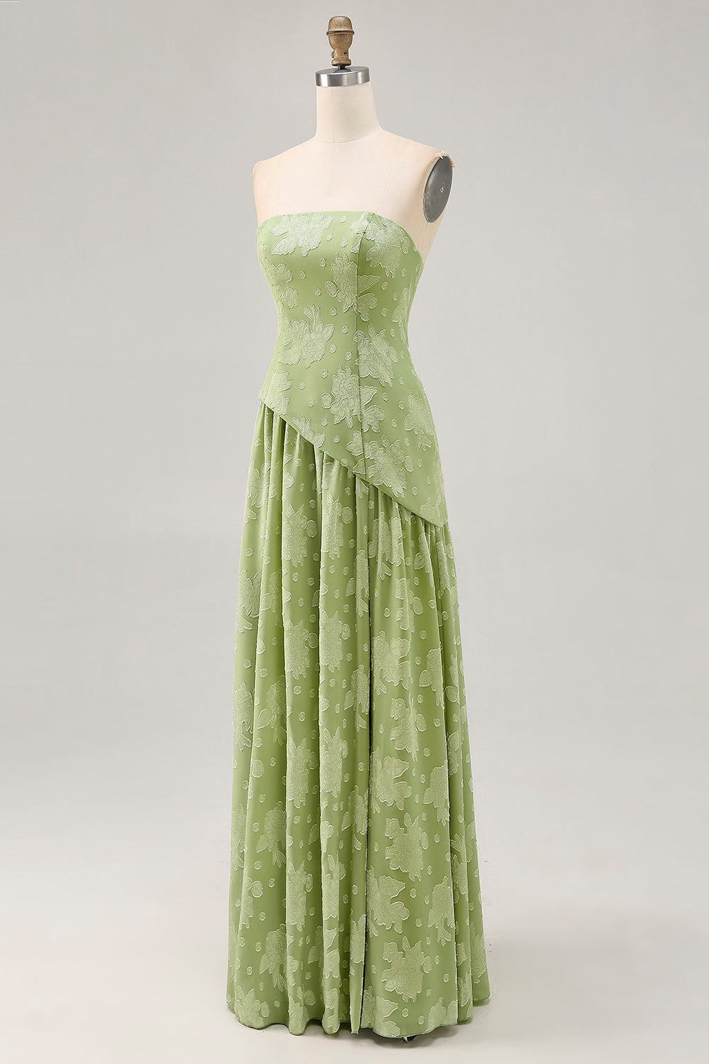 Sage Green Floral Strapless A Line Long Bridesmaid Dress with Slit