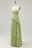 Sage Green Floral Strapless A Line Long Bridesmaid Dress with Slit