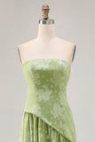 Sage Green Floral Strapless A Line Long Bridesmaid Dress with Slit