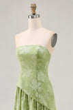 Sage Green Floral Strapless A Line Long Bridesmaid Dress with Slit