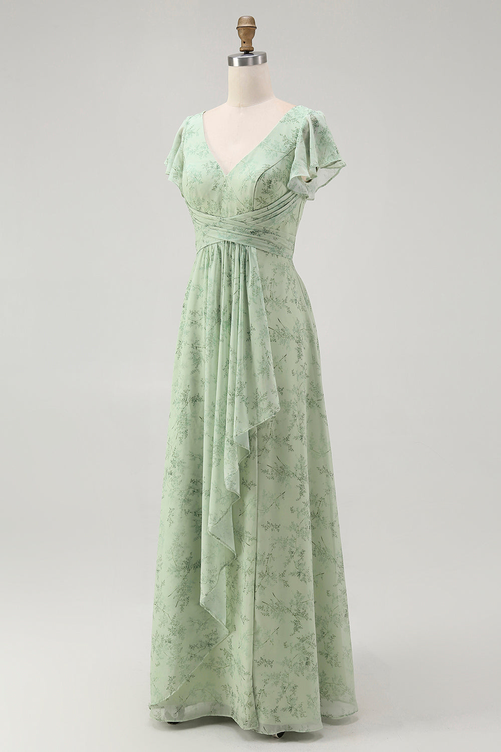 Dusty Sage A Line V Neck Ruffled Bridesmaid Dress with Slit