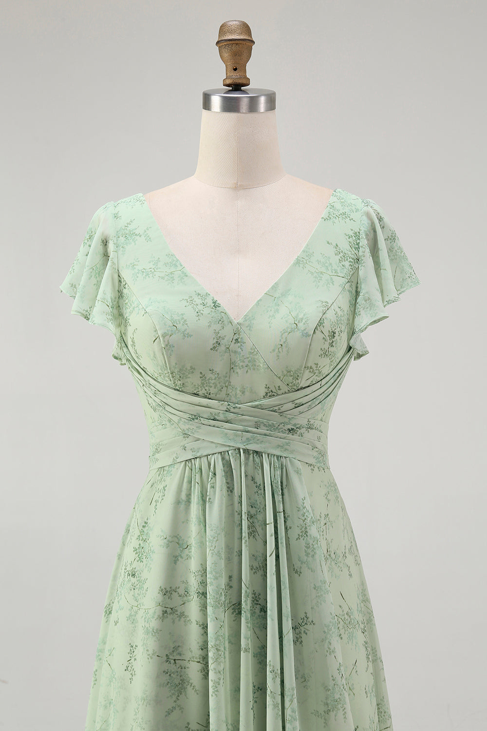 Dusty Sage A Line V Neck Ruffled Bridesmaid Dress with Slit