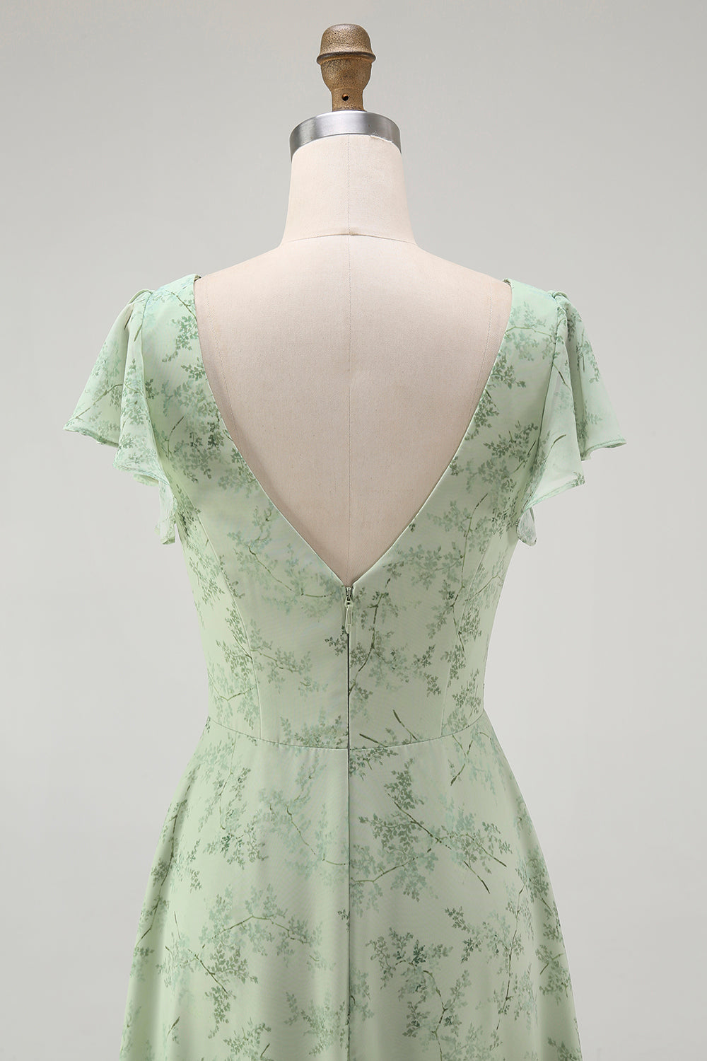 Dusty Sage A Line V Neck Ruffled Bridesmaid Dress with Slit