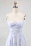 Blue Floral Spaghetti Straps Chiffon A Line Bridesmaid Dress