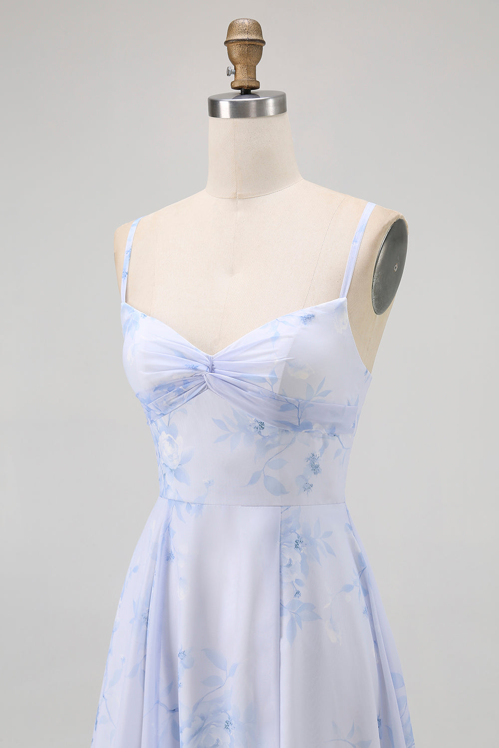 Blue Floral Spaghetti Straps Chiffon A Line Bridesmaid Dress