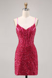 Sparkly Fuchsia Bodycon Corset Short Cocktail Dress