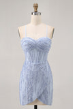 Sparkly Sequins Corset Grey Blue Bodycon Short Homecoming Dress