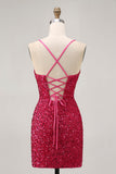 Sparkly Sequins Fuchsia Spaghetti Straps Short Tight Homecoming Dress