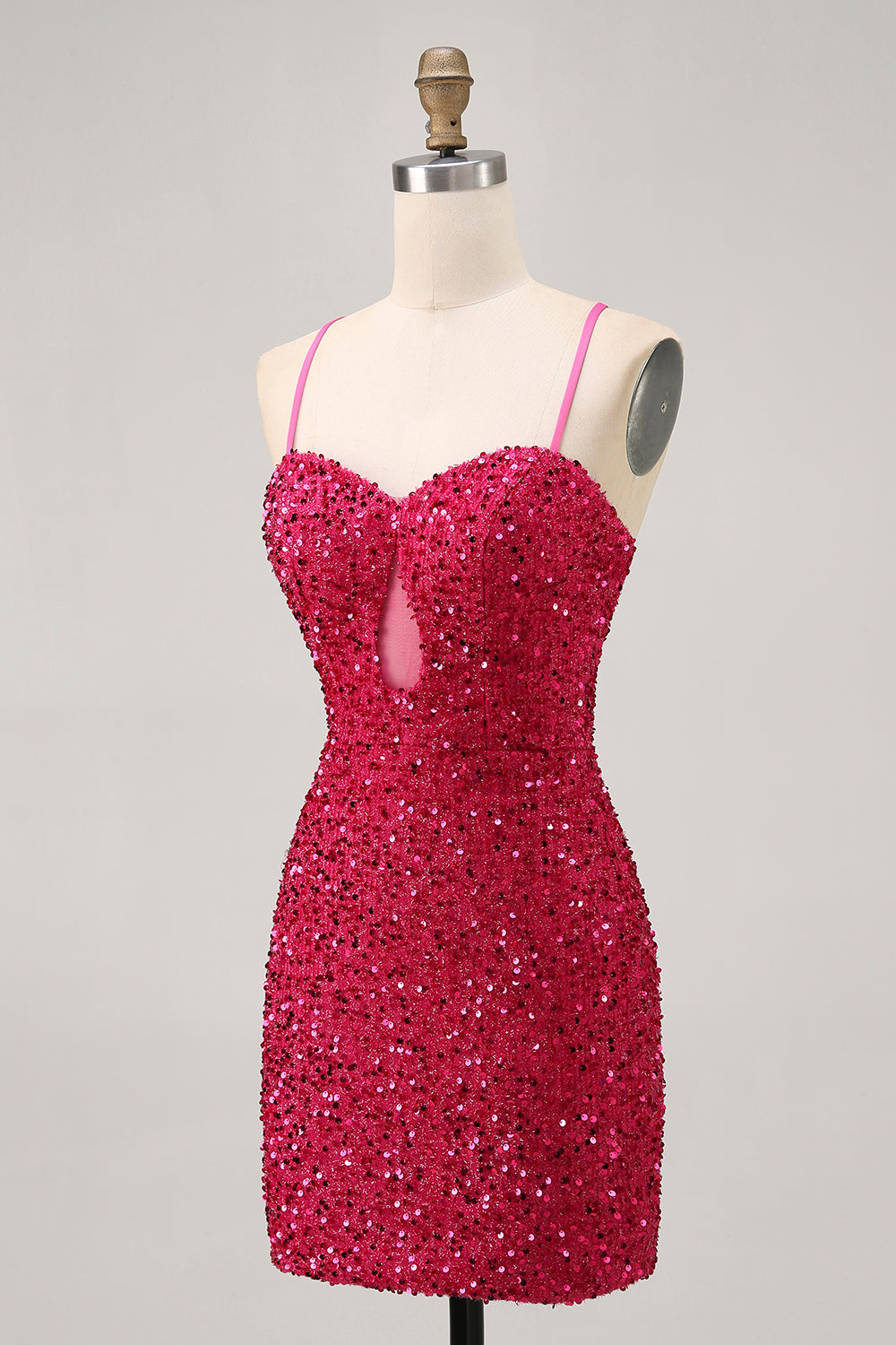 Sparkly Sequins Fuchsia Spaghetti Straps Short Tight Homecoming Dress