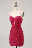 Sparkly Sequins Fuchsia Spaghetti Straps Short Tight Homecoming Dress