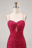 Sparkly Sequins Fuchsia Spaghetti Straps Short Tight Homecoming Dress